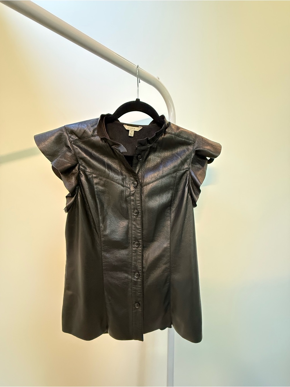 Joie Black Faux Leather Ruffle Sleeve Top Sz S